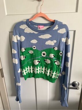 Whimsical Cloud & Sheep Crewneck Sweater - Blue & Green